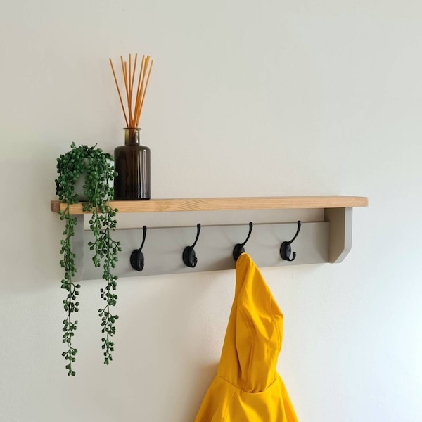 Grey Coat Rack with Shelf and Hooks, Shelf with hook, Utility Room, Chrome hooks, Silver hooks, Black hook, Bronze, Brass, Copper, Hangers