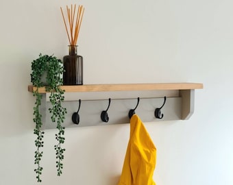 Grey Coat Rack with Shelf and Hooks, Shelf with hook, Utility Room, Chrome hooks, Silver hooks, Black hook, Bronze, Brass, Copper, Hangers