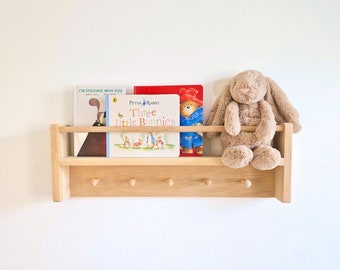 Solid Oak Nursery Shelf with Rail and Peg Hooks, Nursery Shelf Decor, Floating Bookshelf, Nursery Bookcase with rail and pegs, Nursery Decor