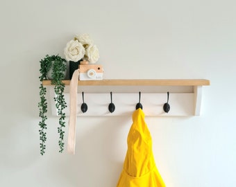 White Coat Rack with Shelf and Hooks, White Wooden Shelf with hooks, Shelf for Entryway, Utility Room, Brass, Black, Silver, Chrome Hooks