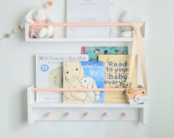 Nursery Shelf with Rail and Peg Hooks, Nursery Shelf Decor, Floating Bookshelf, Nursery Bookcase with rail and pegs, Nursery Wall Decor