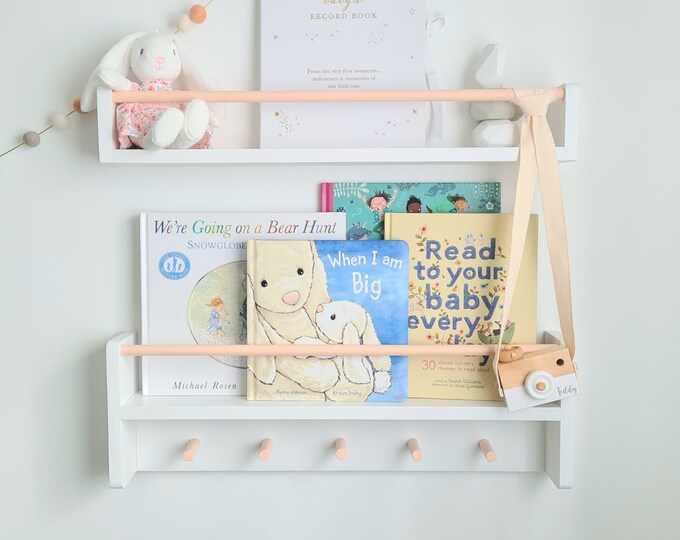 Nursery Shelf With Rail and Peg Hooks, Nursery Shelf Decor, Floating