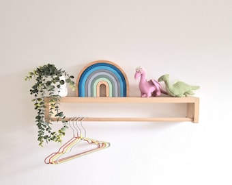 Nursery Oak Shelf with Rail, Baby Room, Nursery Shelf for Books or Hangers, Nursery Shelves, Book Shelf for children books