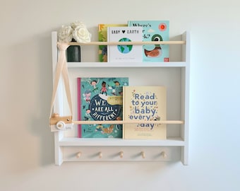 Nursery Shelf with rail and pegs, Nursery Bookcase, Floating wooden Nursery wall Shelf, Montessori bookshelf