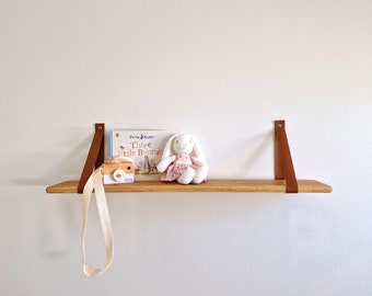 Nursery Shelf with Leather strap OAK Shelf, Shelves for - Home Decor, Plants, Books, Livingroom, Kitchen, Bathroom, Hallway, Entryway.