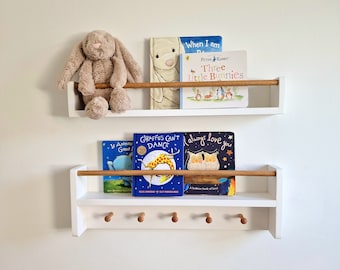 White Nursery Shelf with oak Rail and oak shaker pegs, nursery shelves for book and toy storage, nursery bookshelf