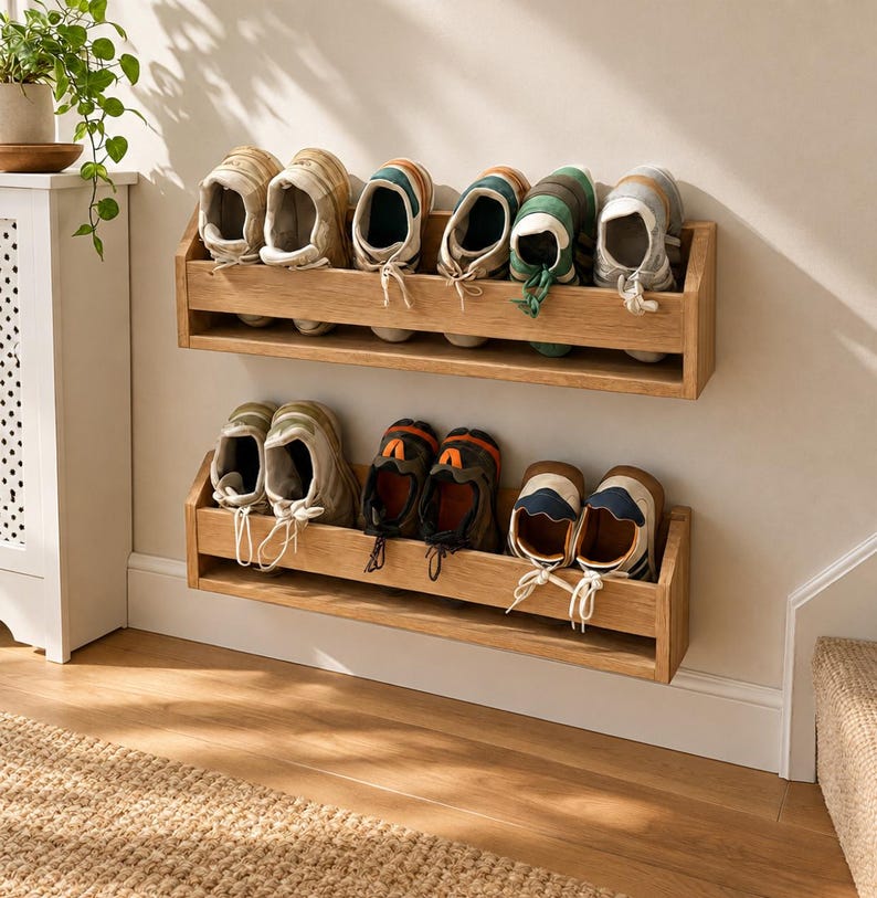 Handmade Wooden Wall Mounted Shoe Rack, Entryway Storage image 1