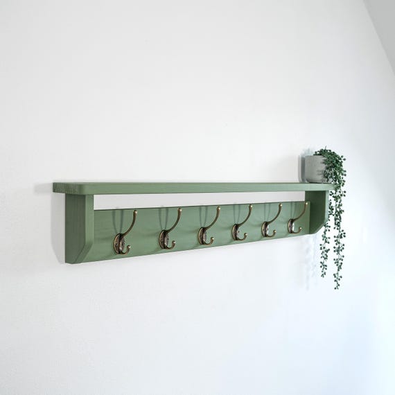 All GREEN COAT RACK | All Green Hook Rack | Shelf with Hooks | Black, Silver, Bronze, Copper, Chrome hook | Painted in F&B No.34