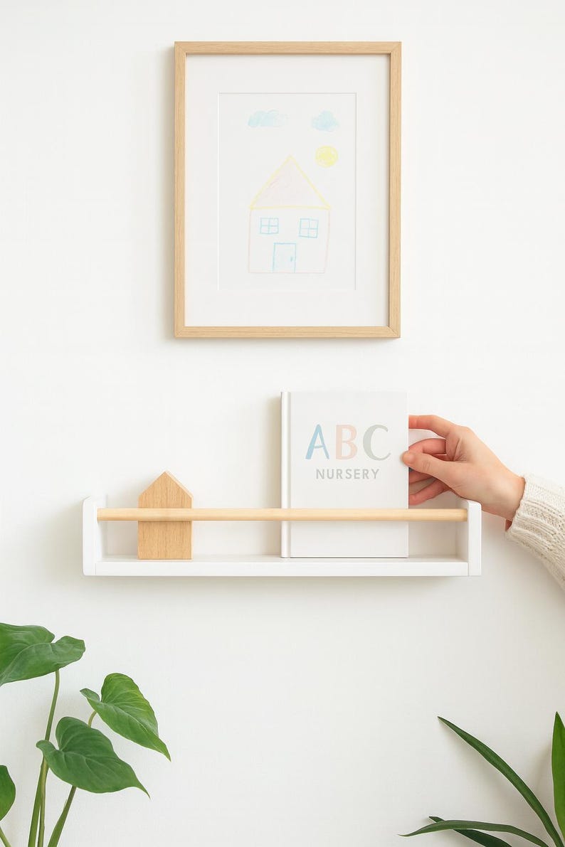 Scandinavian style white nursery bookshelf with oak rail, handcrafted wooden wall shelf for nursery wall decor