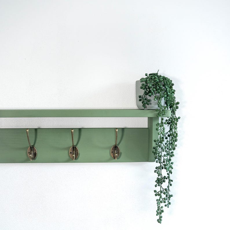 Op de afbeelding: Een groene houten plank met drie messing haken en een kleine plant in een pot die aan de rand hangt. De plank is gemonteerd aan een witte muur.