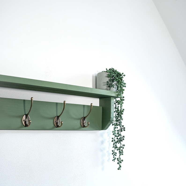 Willow green coat rack with shelf and brass hooks