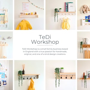 May include: A collection of wooden shelves with hooks and storage compartments, featuring a variety of items, including books, toys, plants, and decorative elements. The shelves are designed for a nursery or children's room.