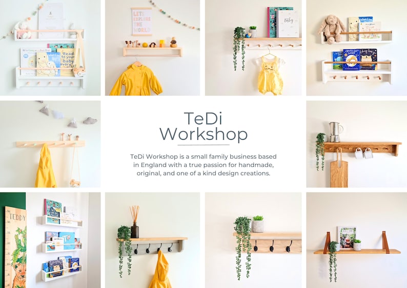 May include: A collection of wooden shelves with hooks and storage compartments, featuring a variety of items, including books, toys, plants, and decorative elements. The shelves are designed for a nursery or children's room.