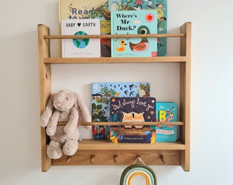 Nursery shelf with rail and pegs, Floating Wooden Nursery wall shelves, Montessori bookshelf