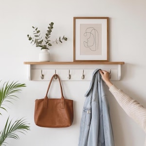 White Coat Rack with Shelf | Modern Farmhouse Wall Hooks | Entryway Storage | Brass, Black, Chrome, Silver Hook Options