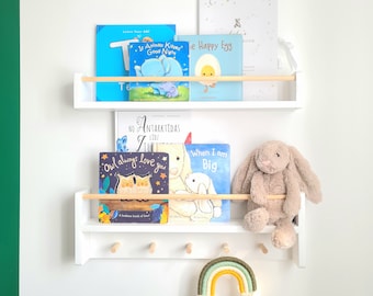 Nursery Book Shelf with Rail and Peg, Kids Bookshelf, Nursery shelf storage, Toy storage, Montessori sheves, Childer bookshelf with rail