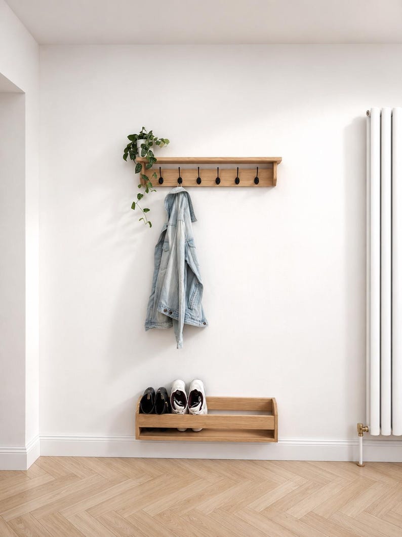 Floating oak entryway shoe rack creating extra floor space while storing shoes neatly.