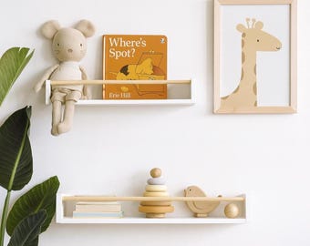 Nursery Shelf with Oak Rail, White Nursery Wall Shelf, Children Book shelf, Toy storage shelves, Bookshelf with rail