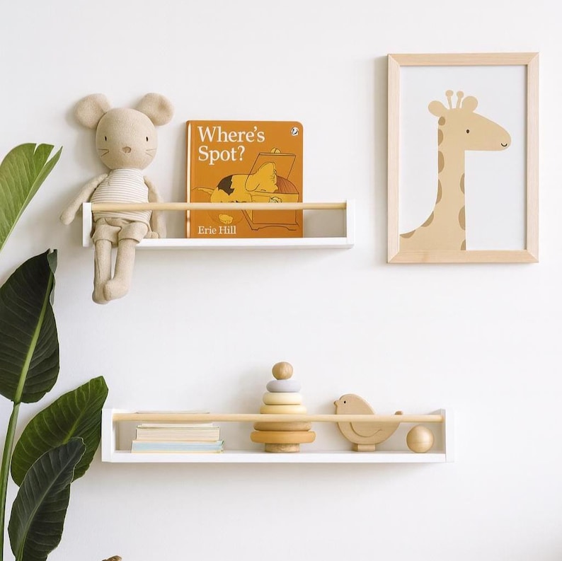 Minimal white nursery bookshelf with oak rail, handcrafted wooden shelf for playroom or child’s bedroom décor
