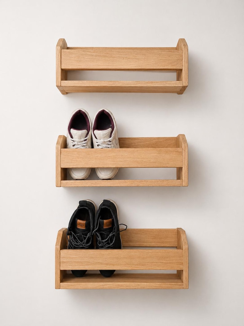 Oak shoe storage shelf for porch areas offering convenient storage for everyday footwear.