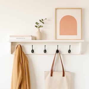 All White Coat Rack With Shelf | Wall-Mounted Coat Hooks | Chrome, Brass, Black Hook Options