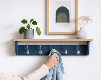 Navy Blue Coat Rack with Shelf | Handmade Wooden Wall Storage | Farmhouse Entryway Shelf with Hooks | Bathroom or Hallway Organizer