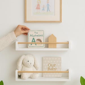 Handmade nursery wall shelf with oak rail, eco friendly baby room storage and book display
