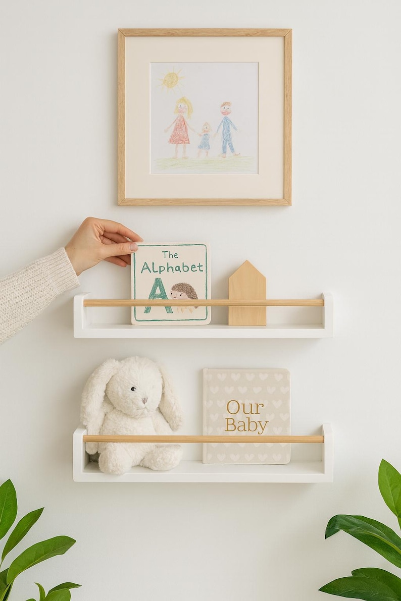 Handmade nursery wall shelf with oak rail, eco friendly baby room storage and book display