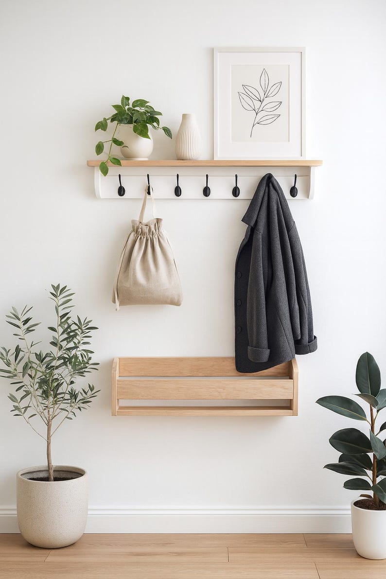 Handmade coat rack with shelf and hooks and matching oak shoe rack – modern wall-mounted entryway storage for coats, bags, and shoes.