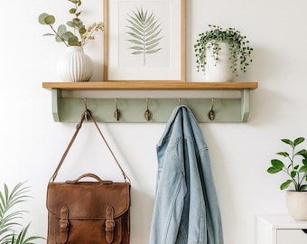 Sage Green Coat Rack with Shelf | Wall Coat Hooks | Farmhouse Entryway Storage | Black, Chrome, Brass, Bronze, Copper Hook Options