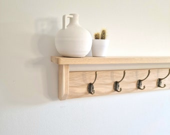 Oak Coat Rack with Shelf and Hooks, Oak Shelf with hook, Chrome hooks, Silver hooks, Black hook, Bronze, Brass, Copper, Oak shelf