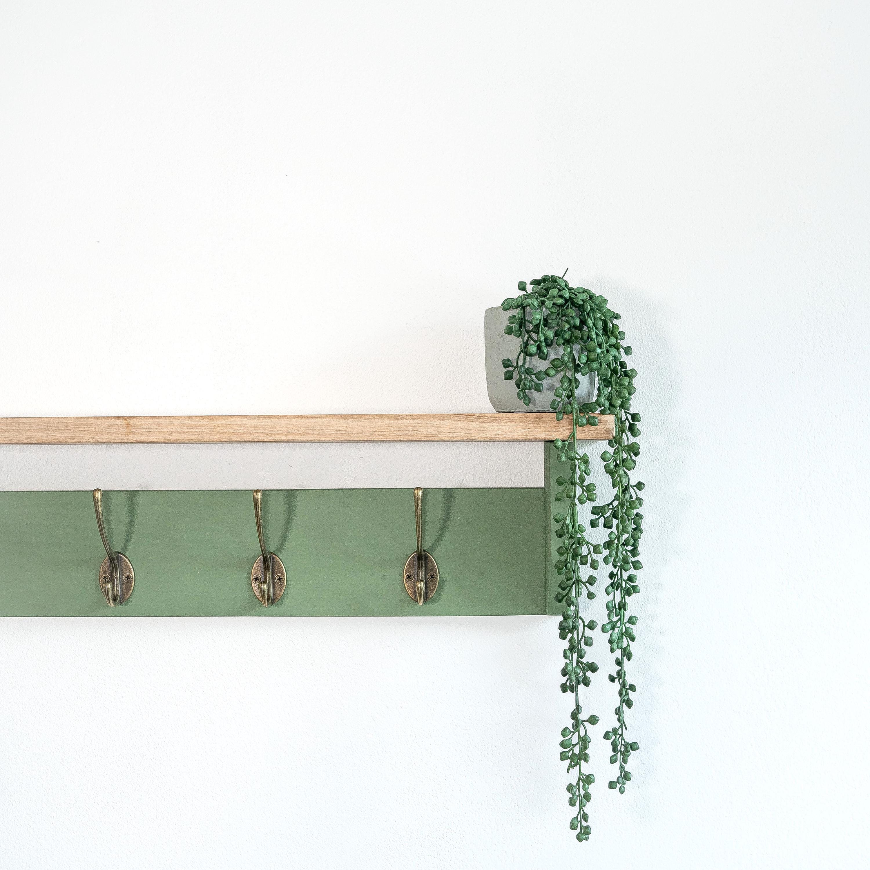OAK Shelf With GREEN Coat Rack ( 10cm Deep), Shelf With Hooks, Black ...