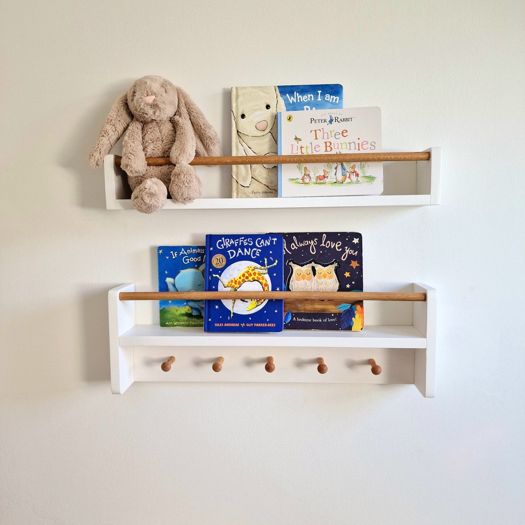 White Nursery Shelf With Oak Rail and Oak Shaker Pegs, Nursery Shelves