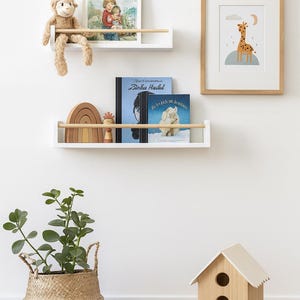Eco friendly white nursery wall shelf with oak dowel rail, modern farmhouse style storage for books and toy