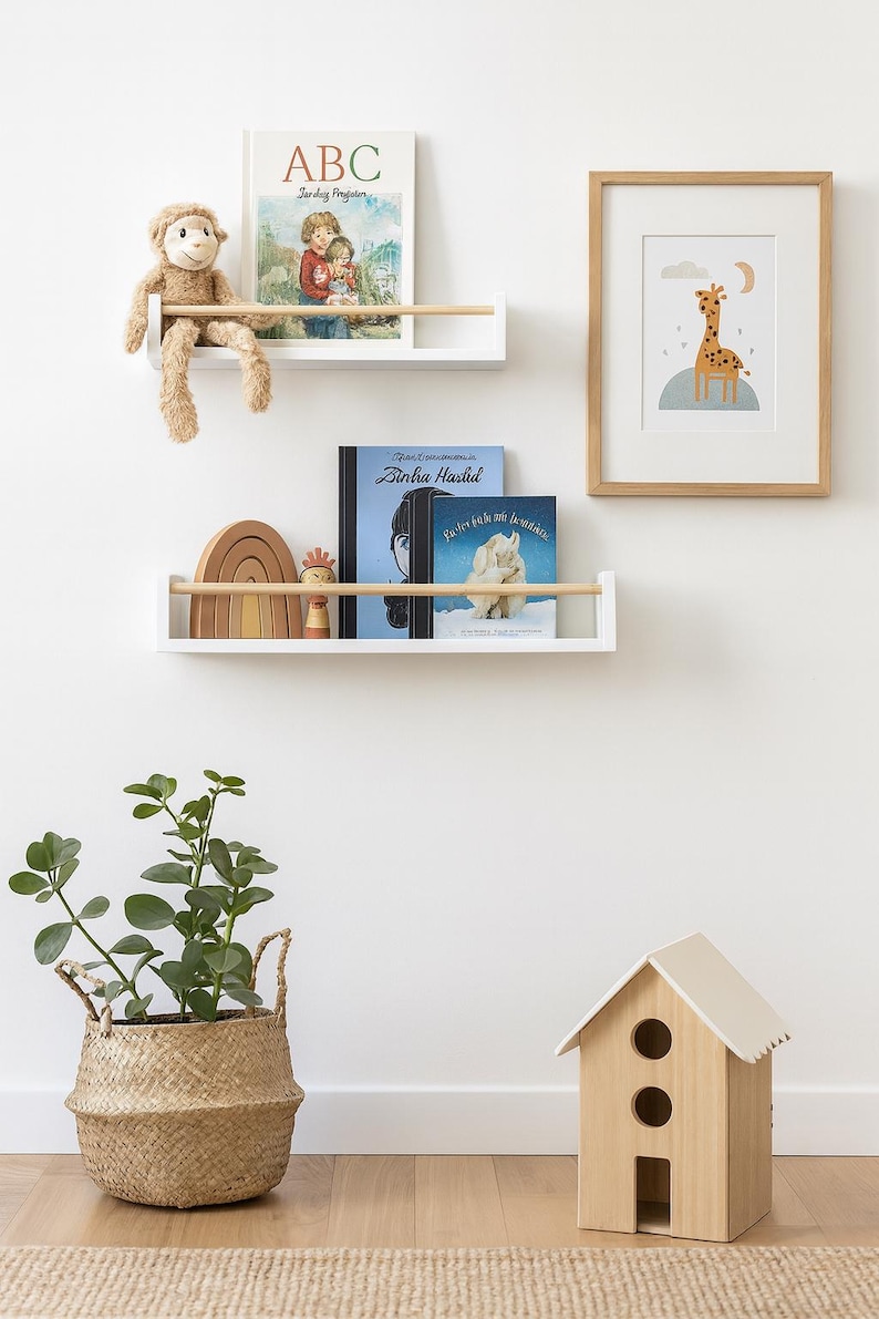 Eco friendly white nursery wall shelf with oak dowel rail, modern farmhouse style storage for books and toy