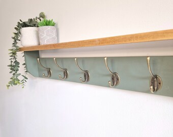 Sage Green Coat Rack with Shelf and Hooks, Shelf with hook, Shelf for Entryway, Utility Room,  Black, Silver, Bronze, Copper, Chrome hooks