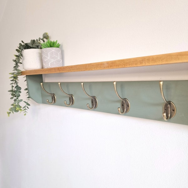 Sage Green Coat Rack with Shelf and Hooks, Shelf with hook, Entryway, Utility Room,  Black, Silver, Bronze, Copper, Chrome hooks F&B No.34