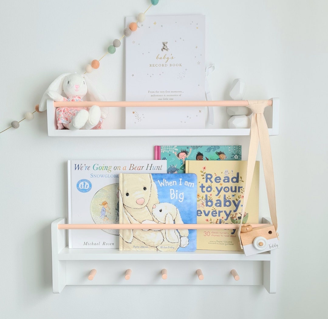 Nursery Shelf With Rail and Peg Hooks, Nursery Shelf Decor, Floating Bookshelf, Nursery Bookcase