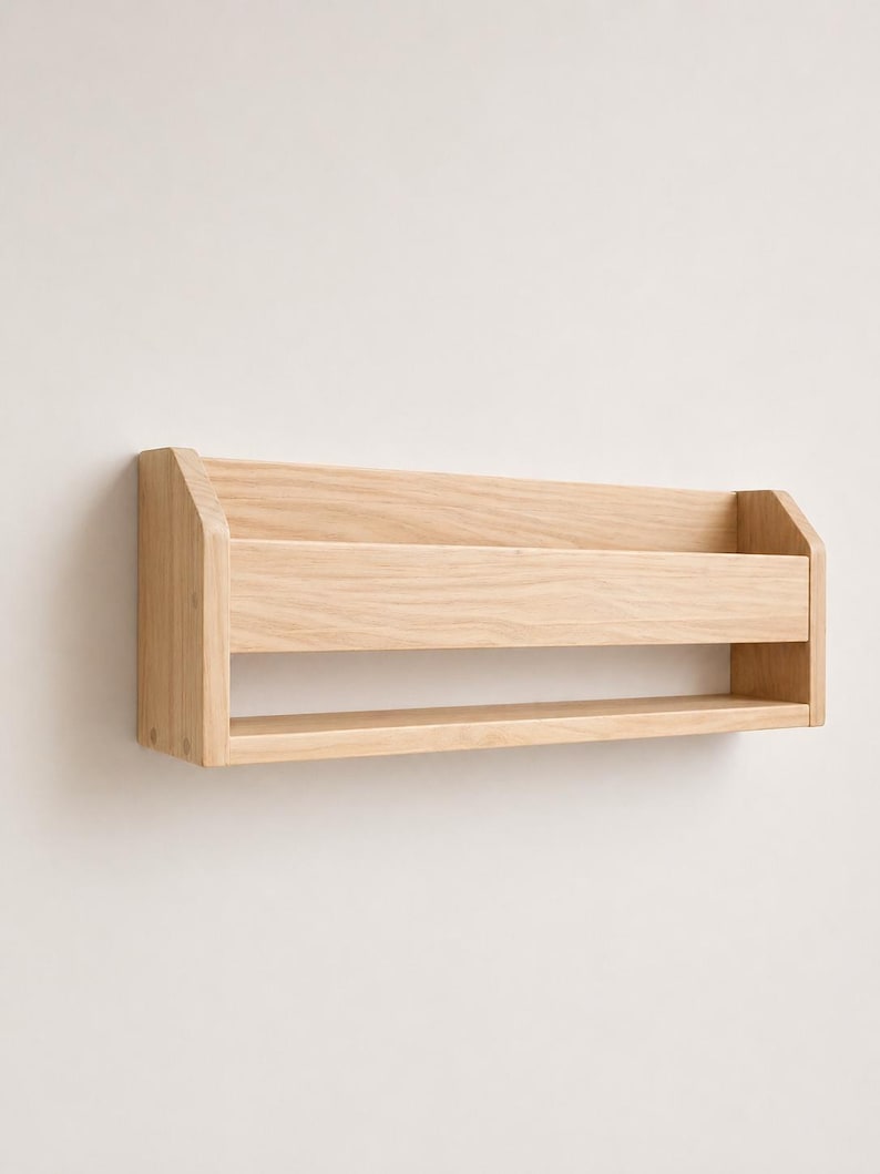 Oak shoe rack for hallway organization featuring a clean floating storage design.