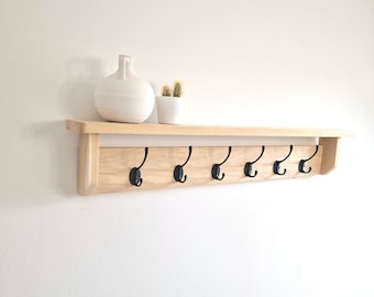 Oak Coat Rack with Shelf Rustic Wall Hooks Entryway Storage Rack  Black, Chrome, Brass, Bronze, Copper Hook Options