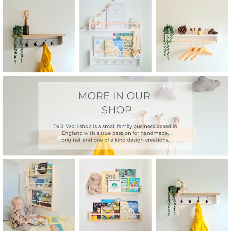 May include: A set of wooden wall-mounted shelves with a variety of books and decorative items. The shelves are made of natural wood and have a simple, modern design. The shelves are perfect for displaying books, toys, or other decorative items.