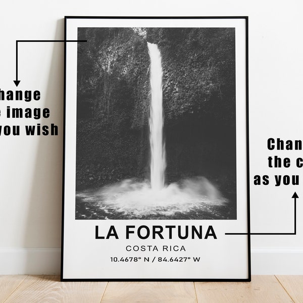 La Fortuna Travel Poster, La Fortuna Black and White Poster, La Fortuna Minimalist Wall Art, La Fortuna Wall Decor, La Fortuna Gift Print