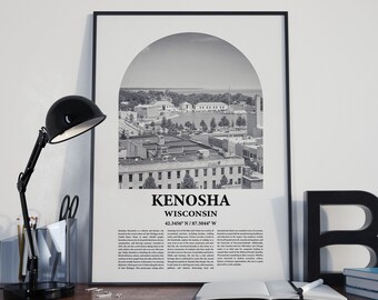Kenosha City Poster Inspired Newspaper, Kenosha City Print, Photo, Artwork, Kenosha City Black and White Travel Poster, Wisconsin Travel Art