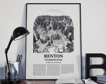 Renton City Poster Inspired Newspaper, Renton City Print, Photo, Artwork, Art Print, Renton Black and White Travel Poster, Washington Travel