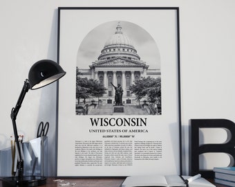 Wisconsin Poster Inspired Newspaper, Wisconsin Print, Wisconsin Photo, Wisconsin Artwork, Wisconsin Black and White Travel Poster