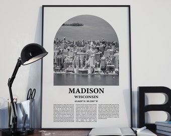 Madison City Poster Inspired Newspaper, Madison City Print, Photo, Artwork, Madison City Black and White Travel Poster, Wisconsin Travel Art