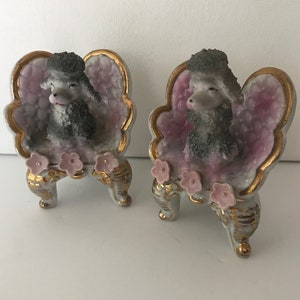 Vintage POODLES Japan Pair GRAY Sugar Crystal Glazed Sitting in Chairs Ceramic Porcelain Kawaii Baby Face DOGS Figurines 1950s