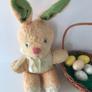 Vintage 1950s Baby BUNNY Rabbit Stuffed PINK Rayon PLUSH Green Satin Lined Ears Rolling Eyes Cute!