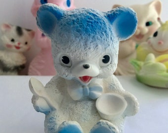 Vintage Rubber Squeak Toy BLUE BABY BEAR with Bowl & Spoon 1950s