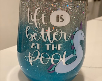 Pool wine glitter tumbler